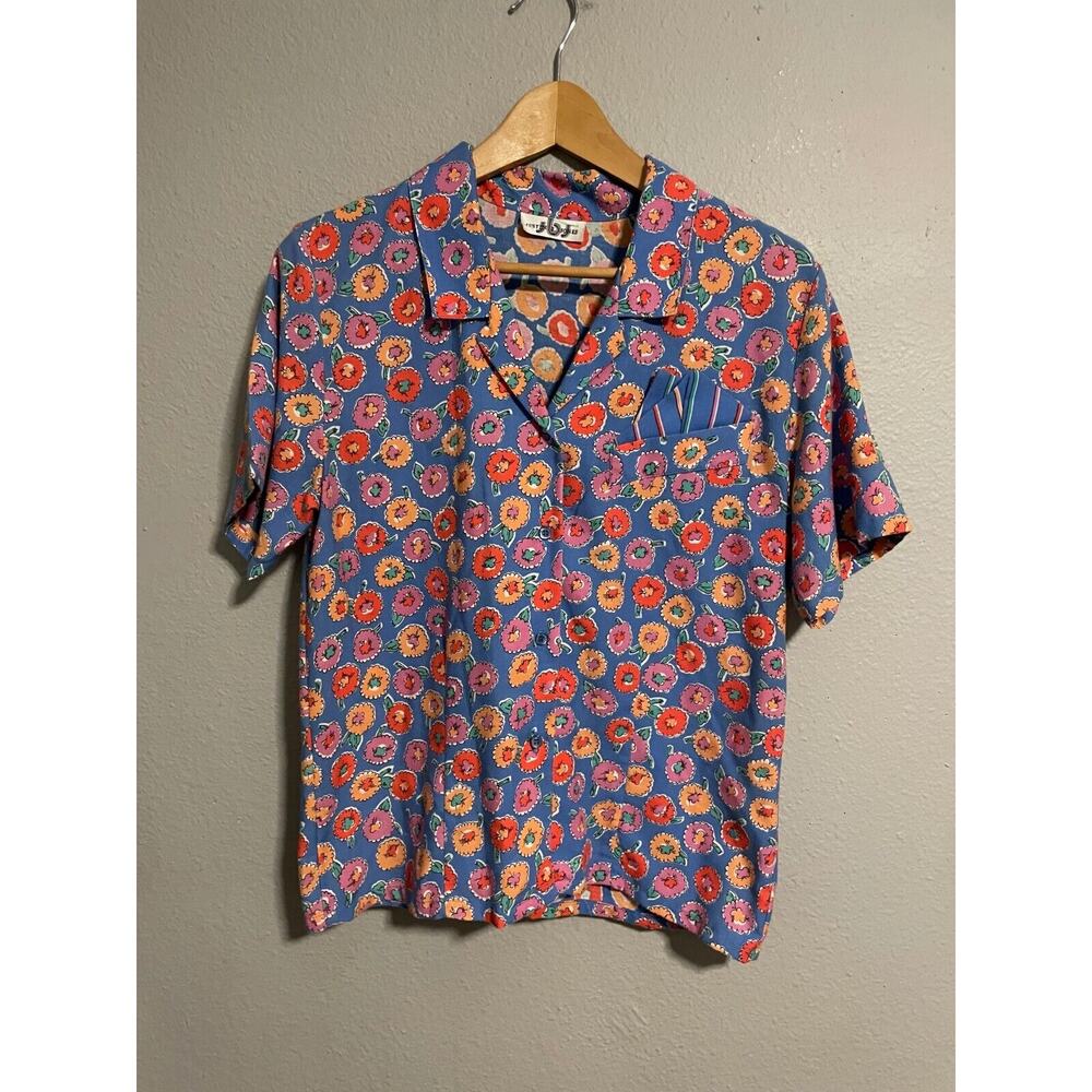 Vintage Justin B Jones Womens Top Large Blue Floral Short Sleeve Button Up Boho
